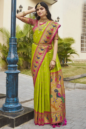 Lime Green Woven Paithani Silk Saree