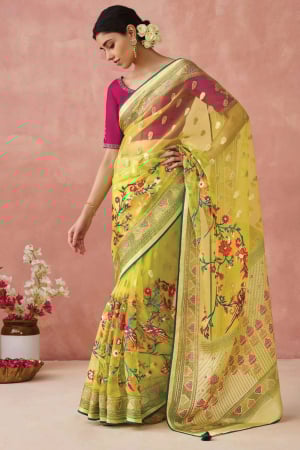 Lime Yellow Brasso Saree with Embroidered Blouse