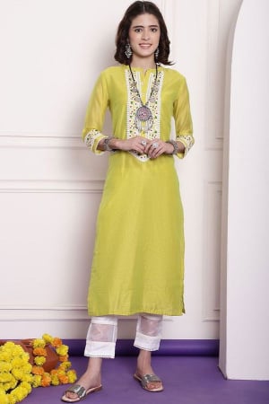 Lime Yellow Embroidered Chanderi Kurti