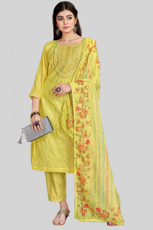 Lime Yellow Embroidered Chanderi Silk Pant Kameez
