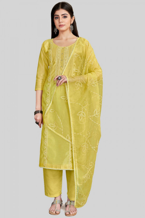 Lime Yellow Embroidered Chanderi Silk Pant Kameez