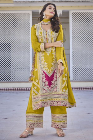 Lime Yellow Embroidered Chinnon Trouser Kameez