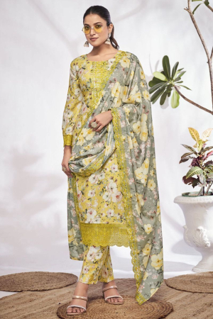 Lime Yellow Embroidered Cotton Pant Kameez