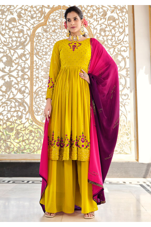 Lime Yellow Embroidered Georgette Readymade Palazzo Kameez