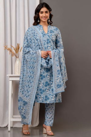 Livid Blue Printed Cotton Readymade Pant Kameez