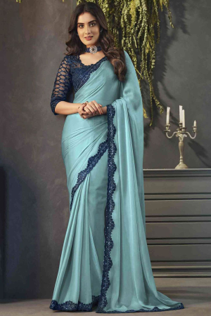 Livid Blue Satin Shimmer Saree with Embroidered Blouse