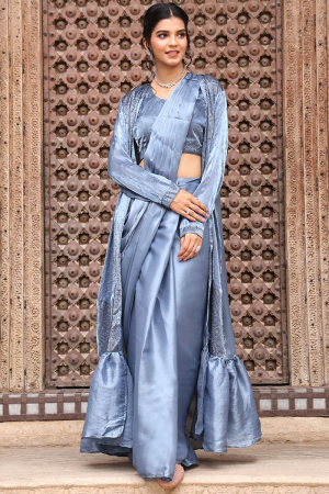 Livid Blue Silk Ready to Wear Saree with Embellished Jacket