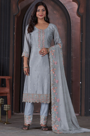 Livid Grey Embroidered Chinnon Pant Kameez