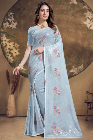 Livid Grey Sequins Embroidered Georgette Saree