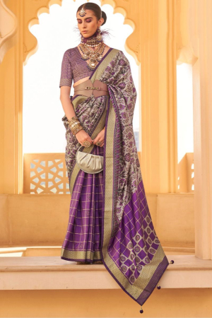 Magenta and Dusty Grey Silk Saree for Ceremonial