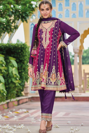 Magenta and Purple Embroidered Silk Trouser Kameez