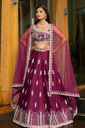 Magenta Art Silk Embroidered Lehenga Choli for Wedding