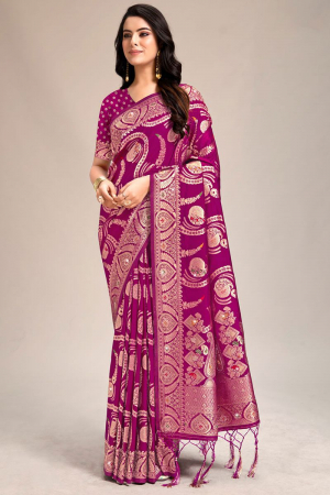 Magenta Embellished Banarasi Silk Saree