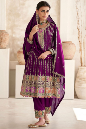 Magenta Embroidered Chinnon Trouser Kameez