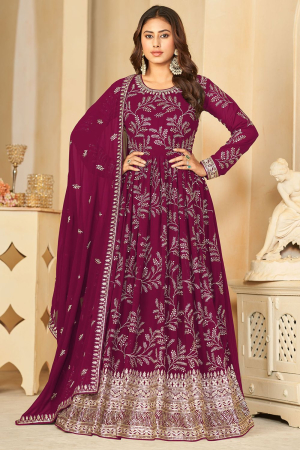 Magenta Embroidered Faux Georgette Anarkali Suit
