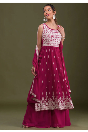 Magenta Embroidered Faux Georgette Palazzo Kameez