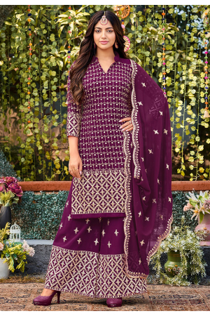 Magenta Embroidered Faux Georgette Palazzo Kameez