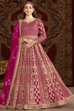 Magenta Embroidered Net Anarkal Suit for Festival