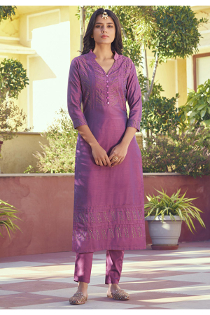 Magenta Embroidered Silk Kurti with Pant