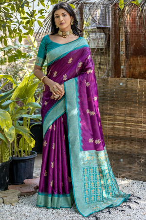 Magenta Meenakari Weaving Tussar Silk Saree