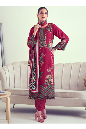 Magenta Muslin Embroidered Party Wear Suit