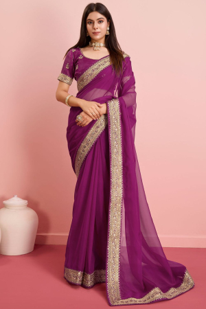 Magenta Organza Saree with Embroidered Blouse