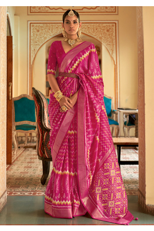 Magenta Pink Printed Silk Saree
