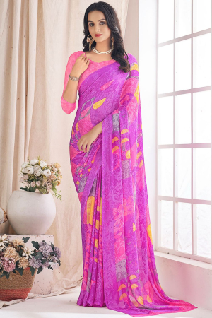 Magenta Printed Chiffon Saree with Contrast Blouse