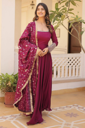Magenta Readymade Gown with Dupatta