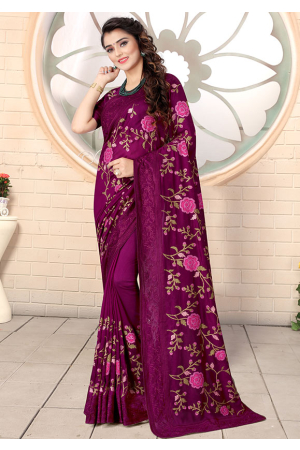 Magenta Resham Embroidered Silk Saree