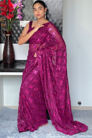 Magenta Sequined Georgette Saree for Party