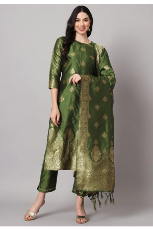 Mahendi Green Cotton Silk Jacquard Trouser Kameez Suit