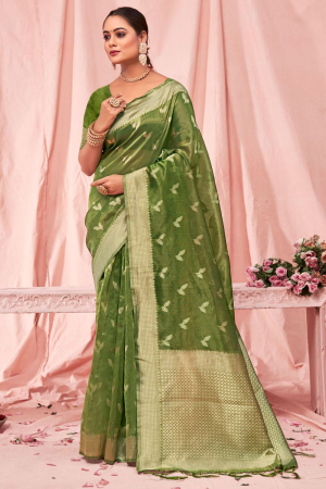 Mahendi Green Cotton Woven Saree
