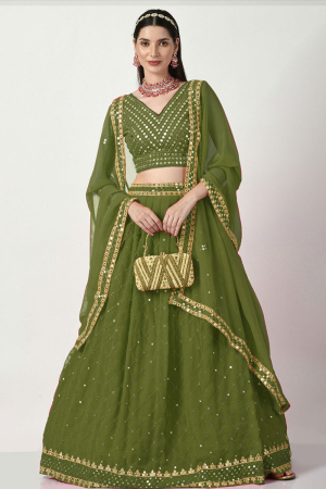 Mahendi Green Faux Georgette Sequins Embroidered Lehenga Choli Set
