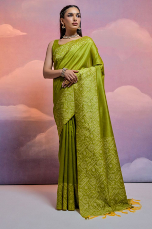 Mahendi Green Handloom Raw Silk Woven Saree