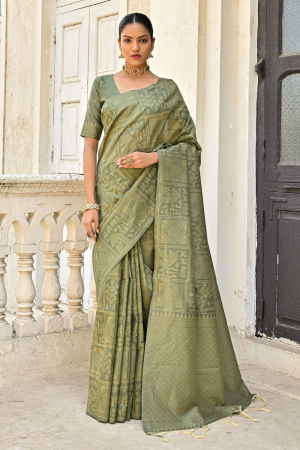 Mahendi Green Raw Silk Woven Saree