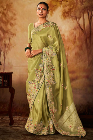 Mahendi Green Silk Embroidered Saree