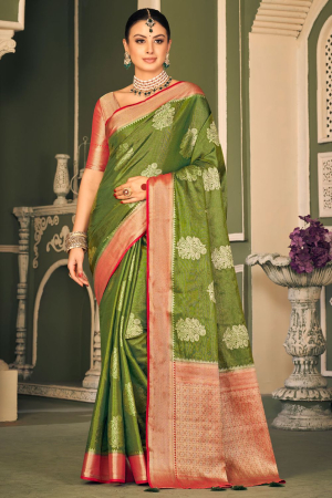 Mahendi Green Tissue Silk Self Woven Saree