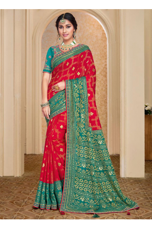 Rose Red Brasso Saree with Embroidered Blouse