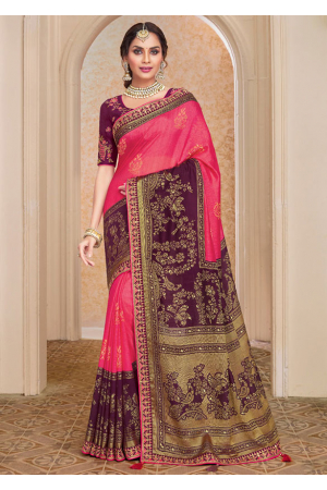Rani Pink Brasso Saree with Embroidered Blouse