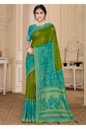 Olive Green Brasso Saree with Embroidered Blouse