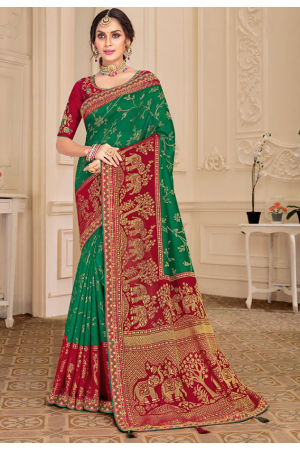 Emerald Green Brasso Saree with Embroidered Blouse