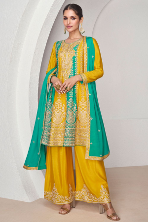 Maize Yellow and Sea Green Embroidered Chinnon Silk Palazzo Kameez