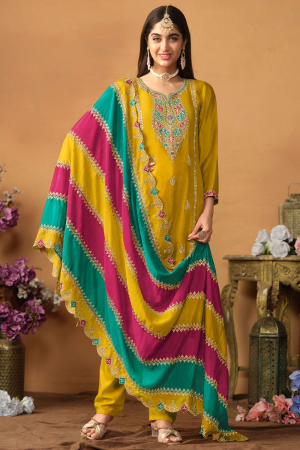 Maize Yellow Embroidered Chinnon Silk Plus Size Suit
