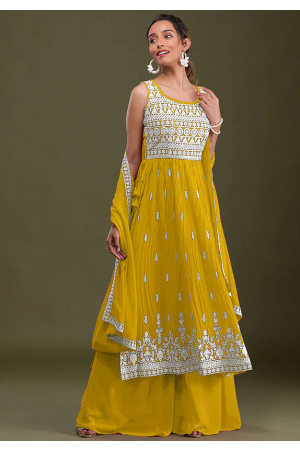 Maize Yellow Embroidered Faux Georgette Palazzo Kameez