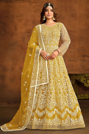 Maize Yellow Embroidered Net Anarkali Dress