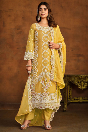Maize Yellow Embroidered Organza Pant Kameez