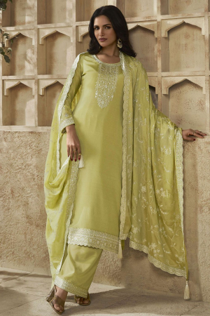 Maize Yellow Embroidered Party Wear Palazzo Kameez