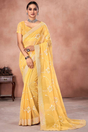 Maize Yellow Embroidered Shimmer Saree