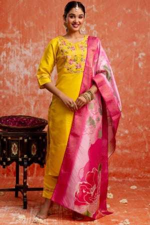 Maize Yellow Embroidered Silk Blend Readymade Pant Kameez